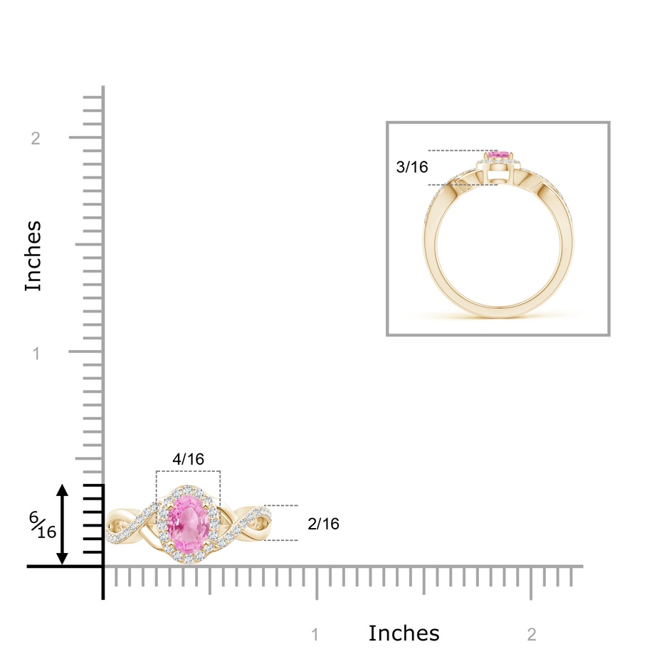 6x4mm A Oval Pink Sapphire Crossover Ring with Diamond Halo in Yellow Gold ruler