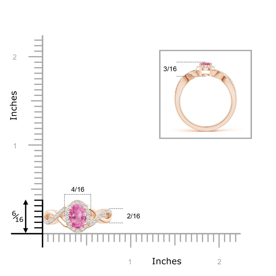 6x4mm AA Oval Pink Sapphire Crossover Ring with Diamond Halo in Rose Gold ruler
