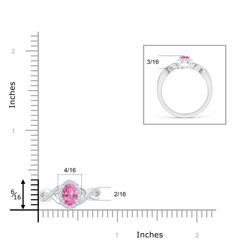 6x4mm AA Oval Pink Sapphire Crossover Ring with Diamond Halo in White Gold ruler