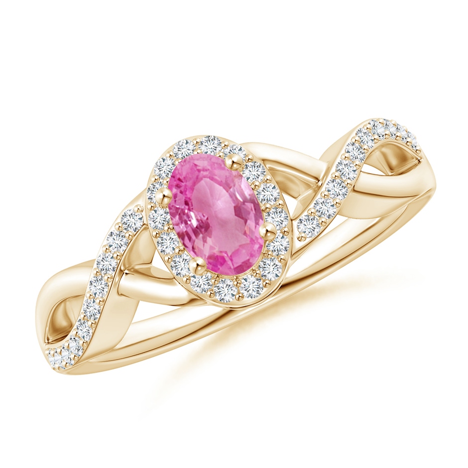 6x4mm AA Oval Pink Sapphire Crossover Ring with Diamond Halo in Yellow Gold 