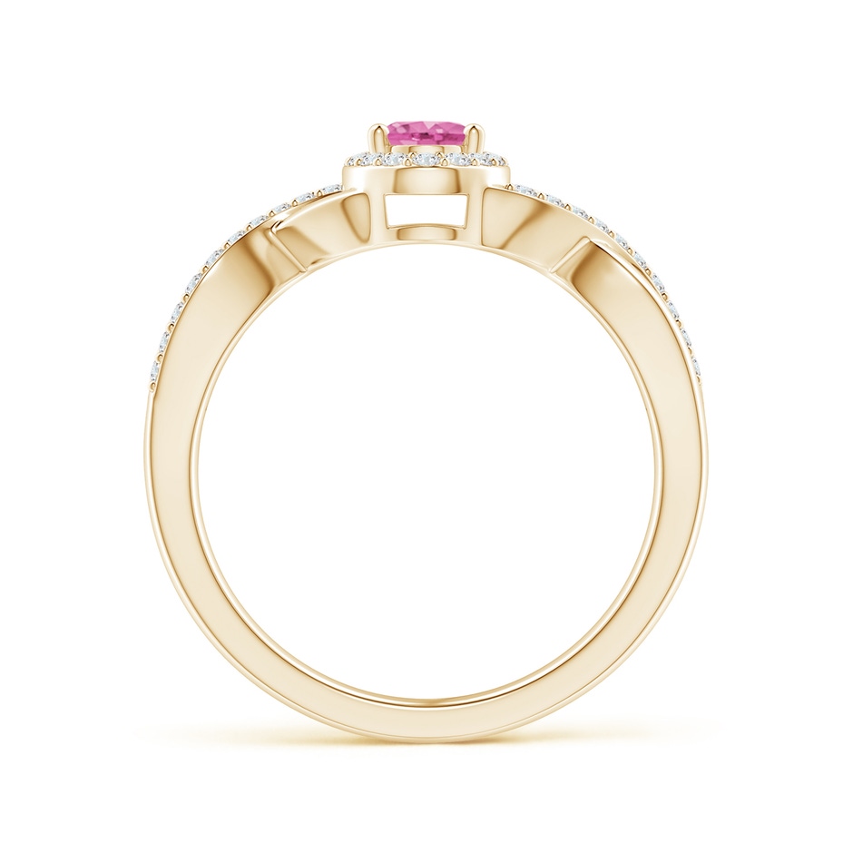 6x4mm AA Oval Pink Sapphire Crossover Ring with Diamond Halo in Yellow Gold side-1