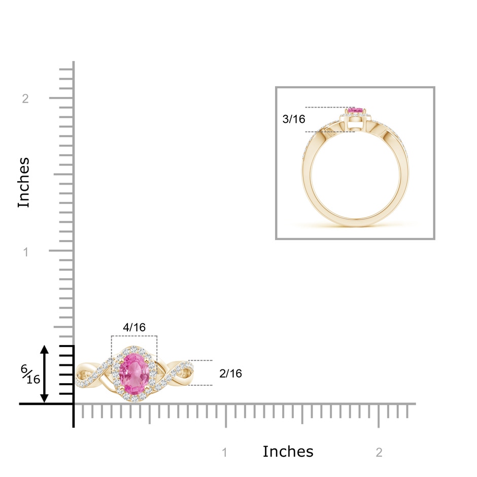 6x4mm AA Oval Pink Sapphire Crossover Ring with Diamond Halo in Yellow Gold ruler