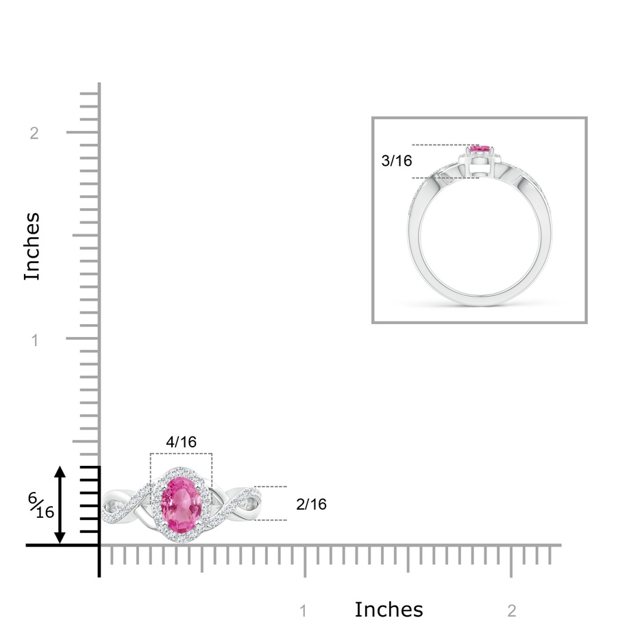 6x4mm AAA Oval Pink Sapphire Crossover Ring with Diamond Halo in P950 Platinum ruler