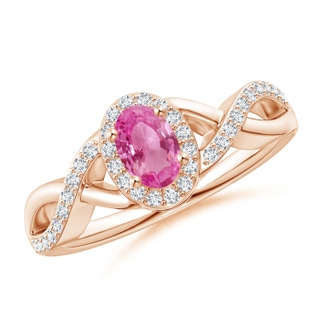 6x4mm AAA Oval Pink Sapphire Crossover Ring with Diamond Halo in Rose Gold