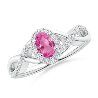 6x4mm AAA Oval Pink Sapphire Crossover Ring with Diamond Halo in White Gold