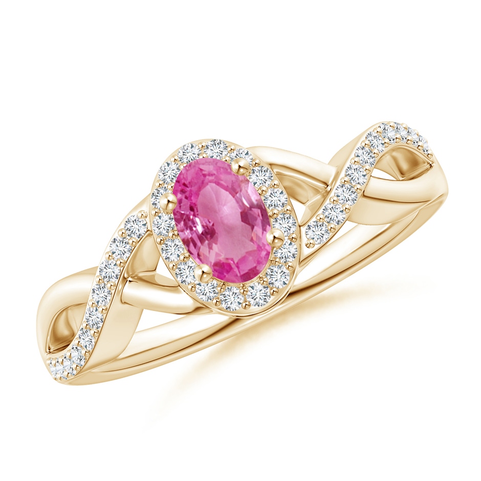 6x4mm AAA Oval Pink Sapphire Crossover Ring with Diamond Halo in Yellow Gold 