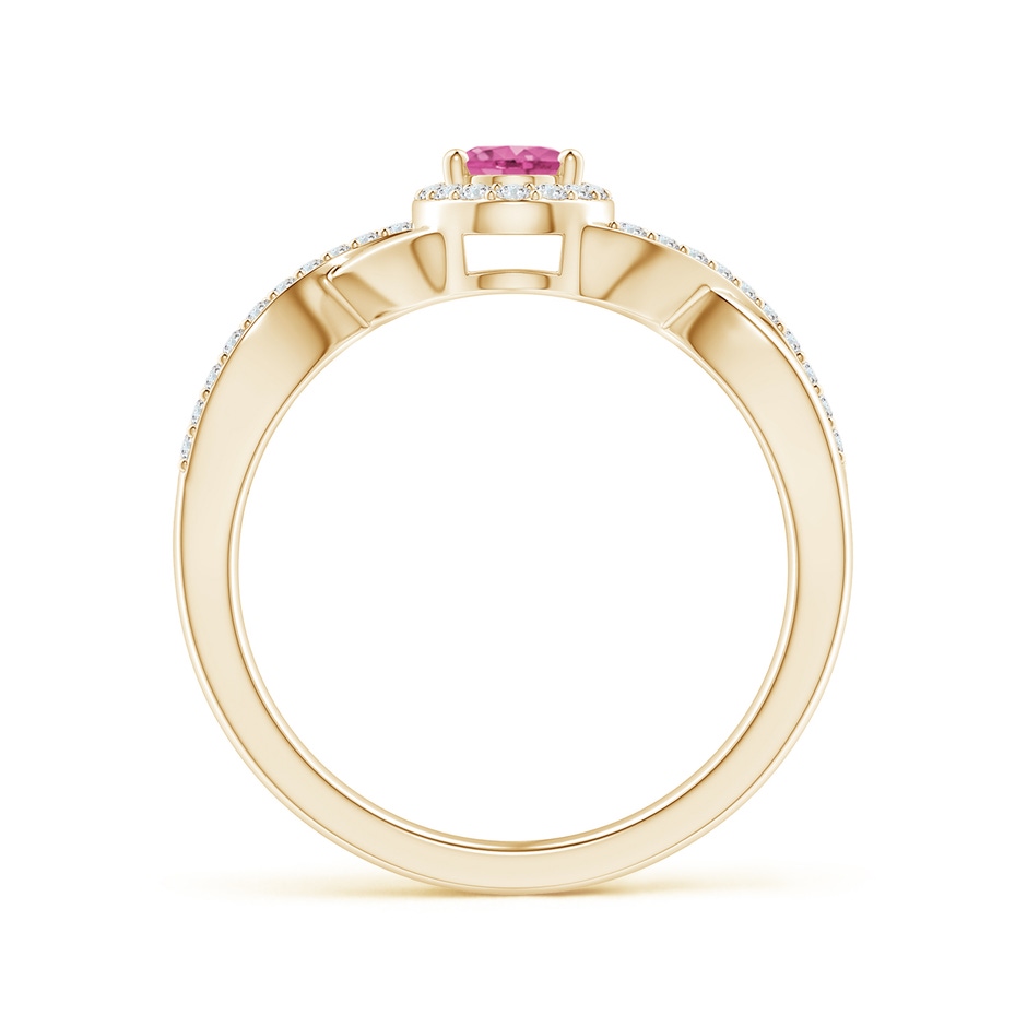 6x4mm AAA Oval Pink Sapphire Crossover Ring with Diamond Halo in Yellow Gold side-1