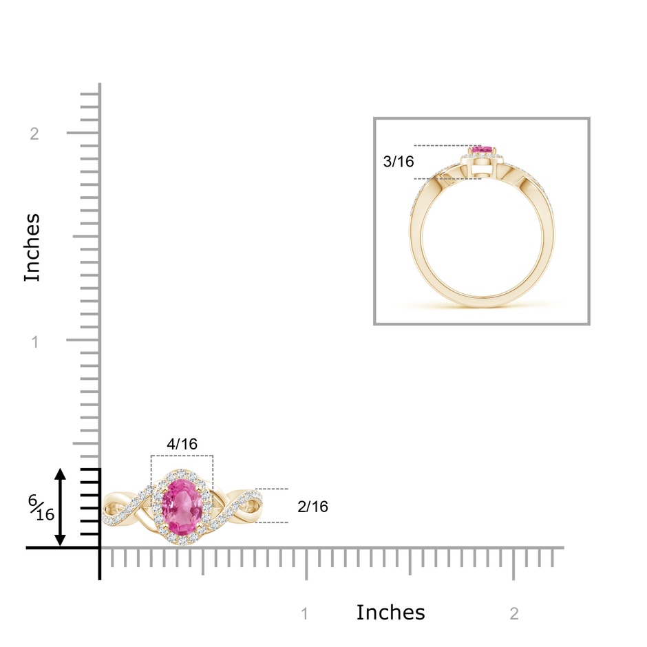 6x4mm AAA Oval Pink Sapphire Crossover Ring with Diamond Halo in Yellow Gold ruler