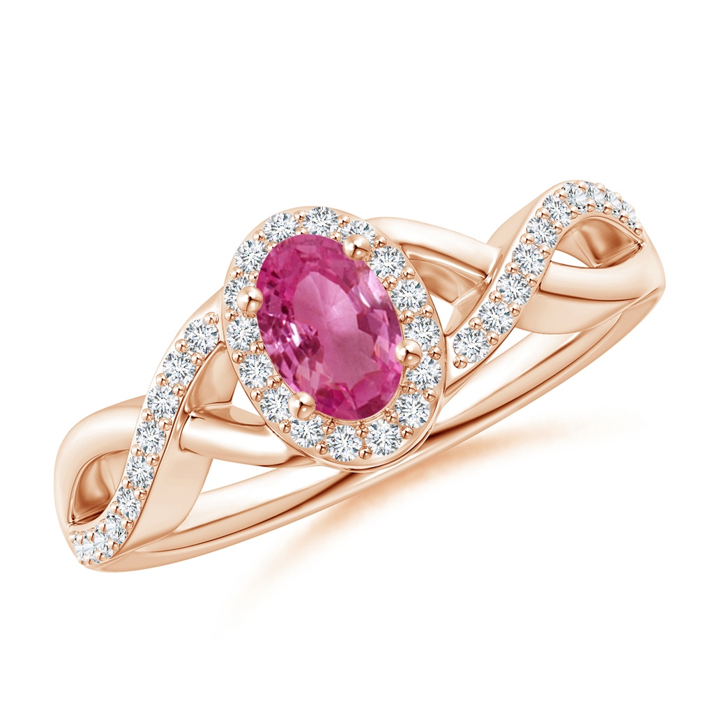 6x4mm AAAA Oval Pink Sapphire Crossover Ring with Diamond Halo in Rose Gold