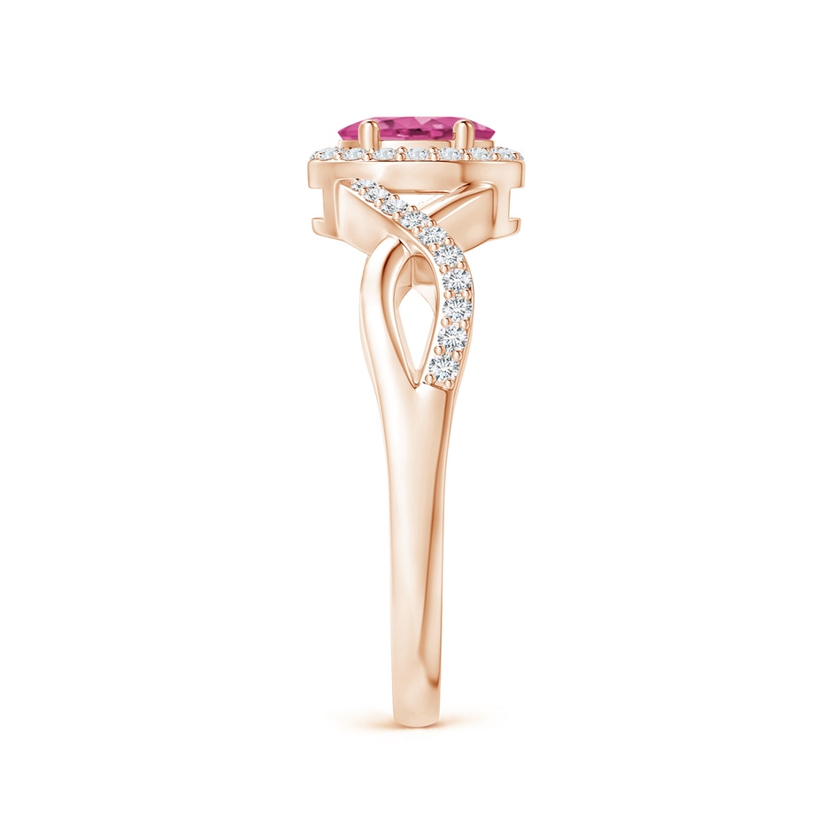 6x4mm AAAA Oval Pink Sapphire Crossover Ring with Diamond Halo in Rose Gold side-2