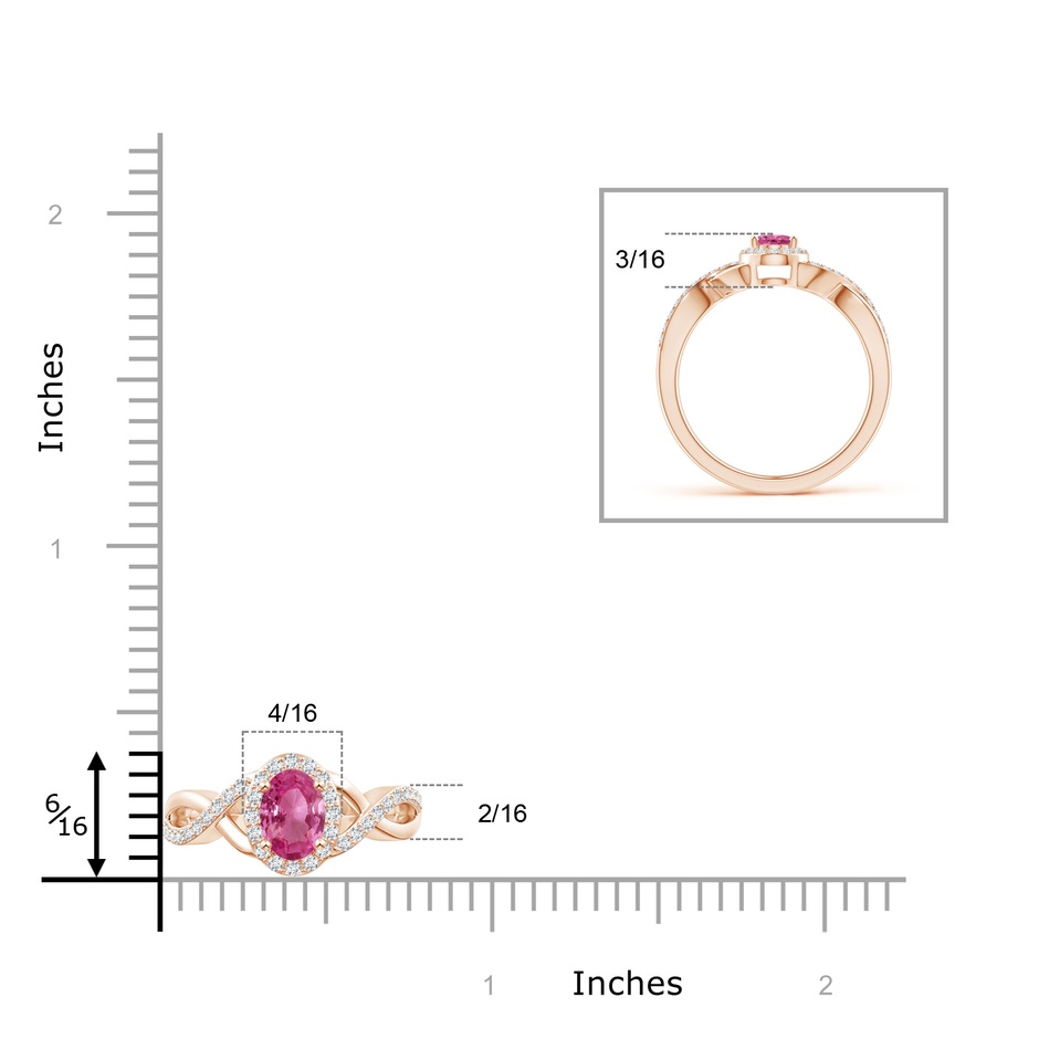 6x4mm AAAA Oval Pink Sapphire Crossover Ring with Diamond Halo in Rose Gold ruler