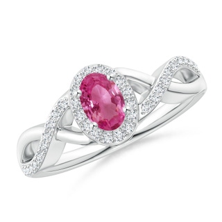6x4mm AAAA Oval Pink Sapphire Crossover Ring with Diamond Halo in White Gold