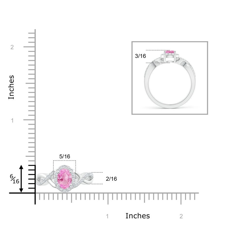 7x5mm A Oval Pink Sapphire Crossover Ring with Diamond Halo in White Gold ruler