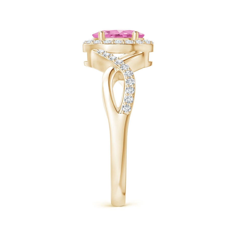 7x5mm A Oval Pink Sapphire Crossover Ring with Diamond Halo in Yellow Gold side-2