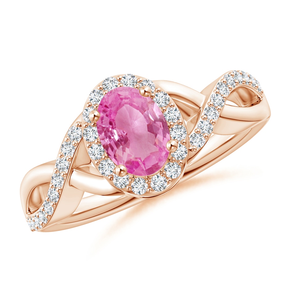 7x5mm AA Oval Pink Sapphire Crossover Ring with Diamond Halo in Rose Gold 