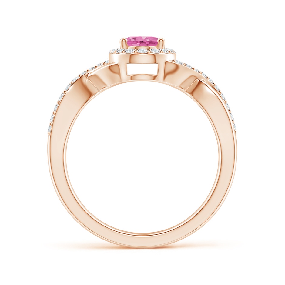 7x5mm AA Oval Pink Sapphire Crossover Ring with Diamond Halo in Rose Gold side-1