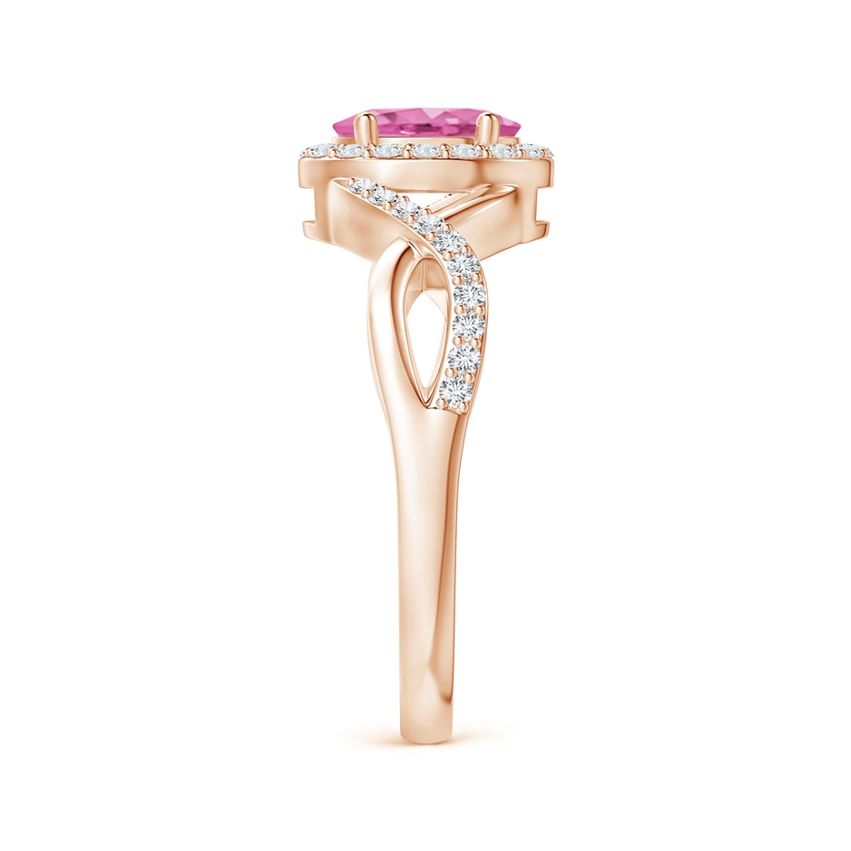 7x5mm AA Oval Pink Sapphire Crossover Ring with Diamond Halo in Rose Gold side-2
