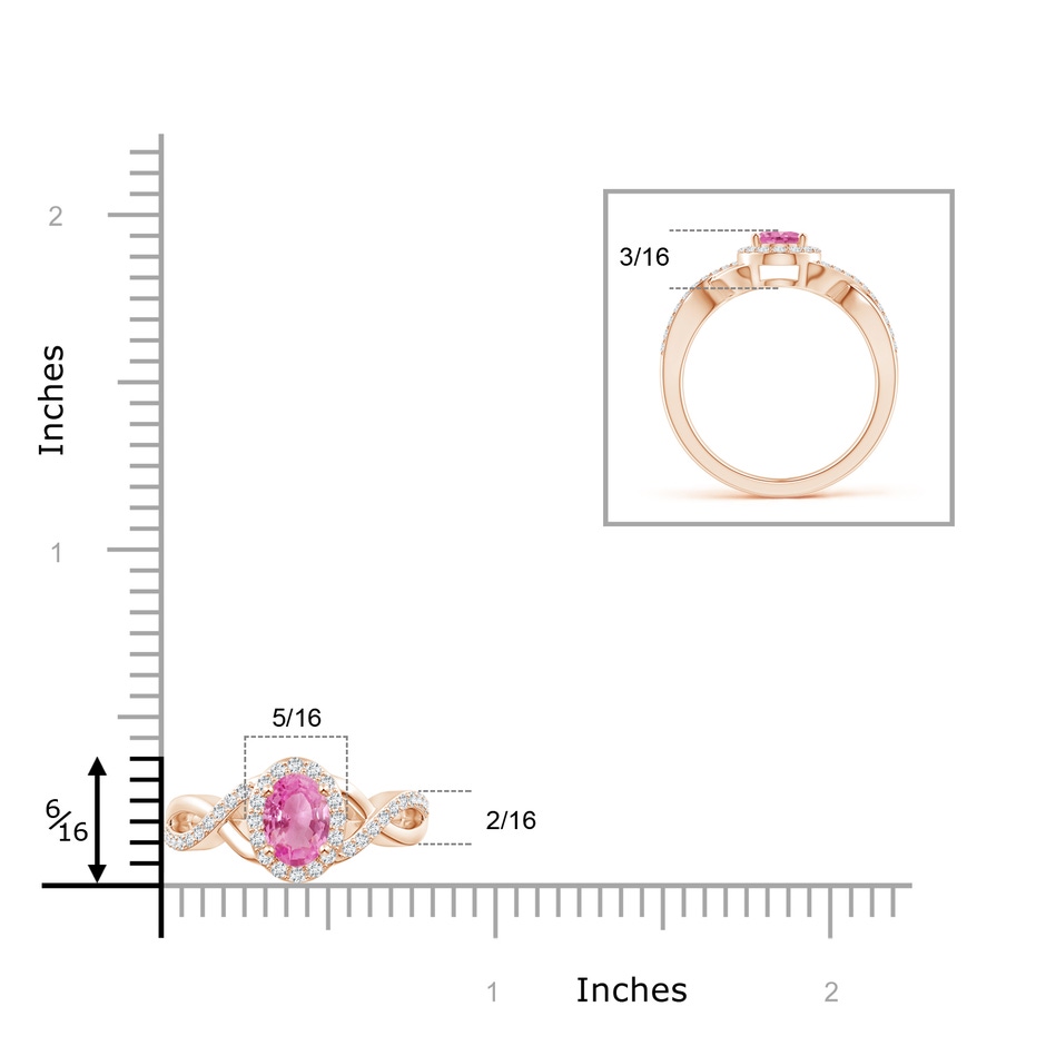 7x5mm AA Oval Pink Sapphire Crossover Ring with Diamond Halo in Rose Gold ruler