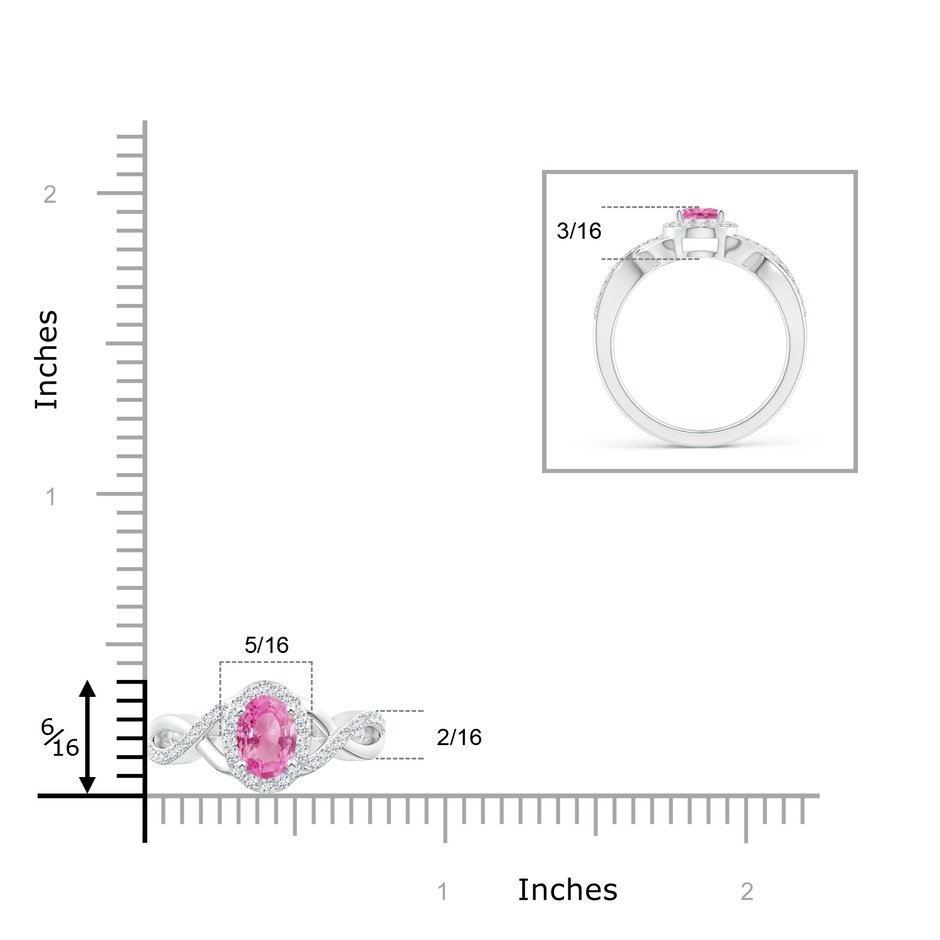 7x5mm AA Oval Pink Sapphire Crossover Ring with Diamond Halo in White Gold ruler