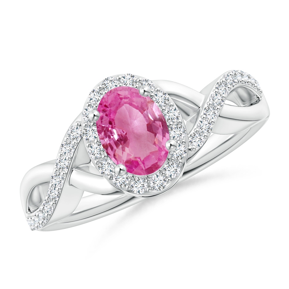7x5mm AAA Oval Pink Sapphire Crossover Ring with Diamond Halo in P950 Platinum 