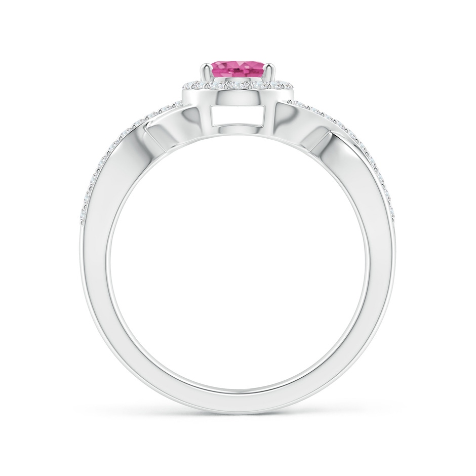 7x5mm AAA Oval Pink Sapphire Crossover Ring with Diamond Halo in P950 Platinum side-1