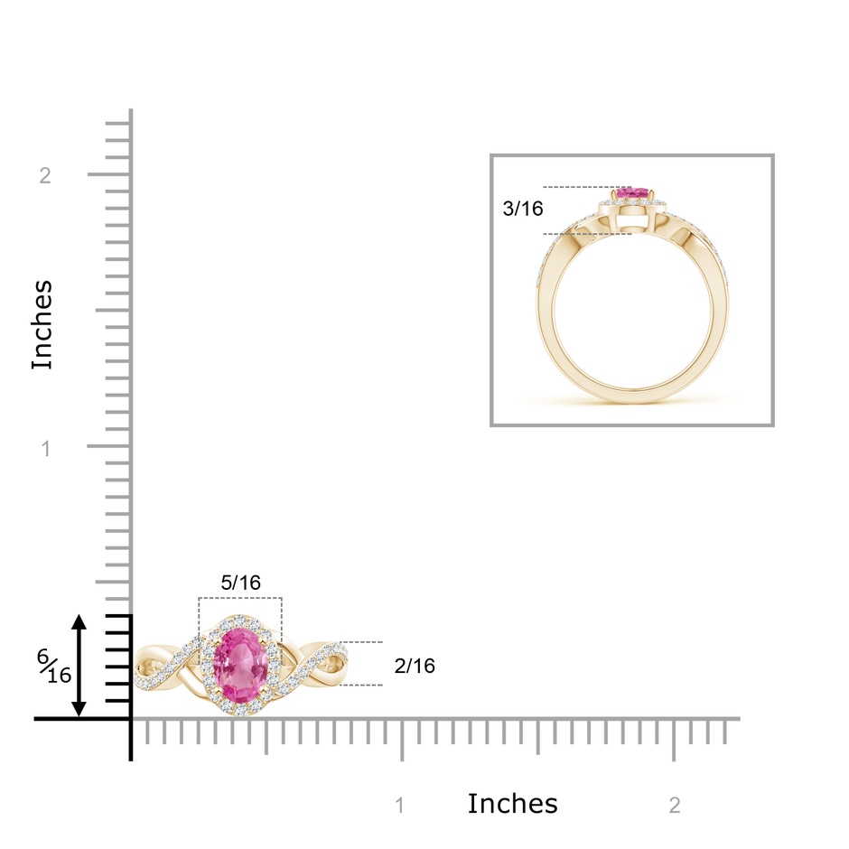 7x5mm AAA Oval Pink Sapphire Crossover Ring with Diamond Halo in Yellow Gold ruler