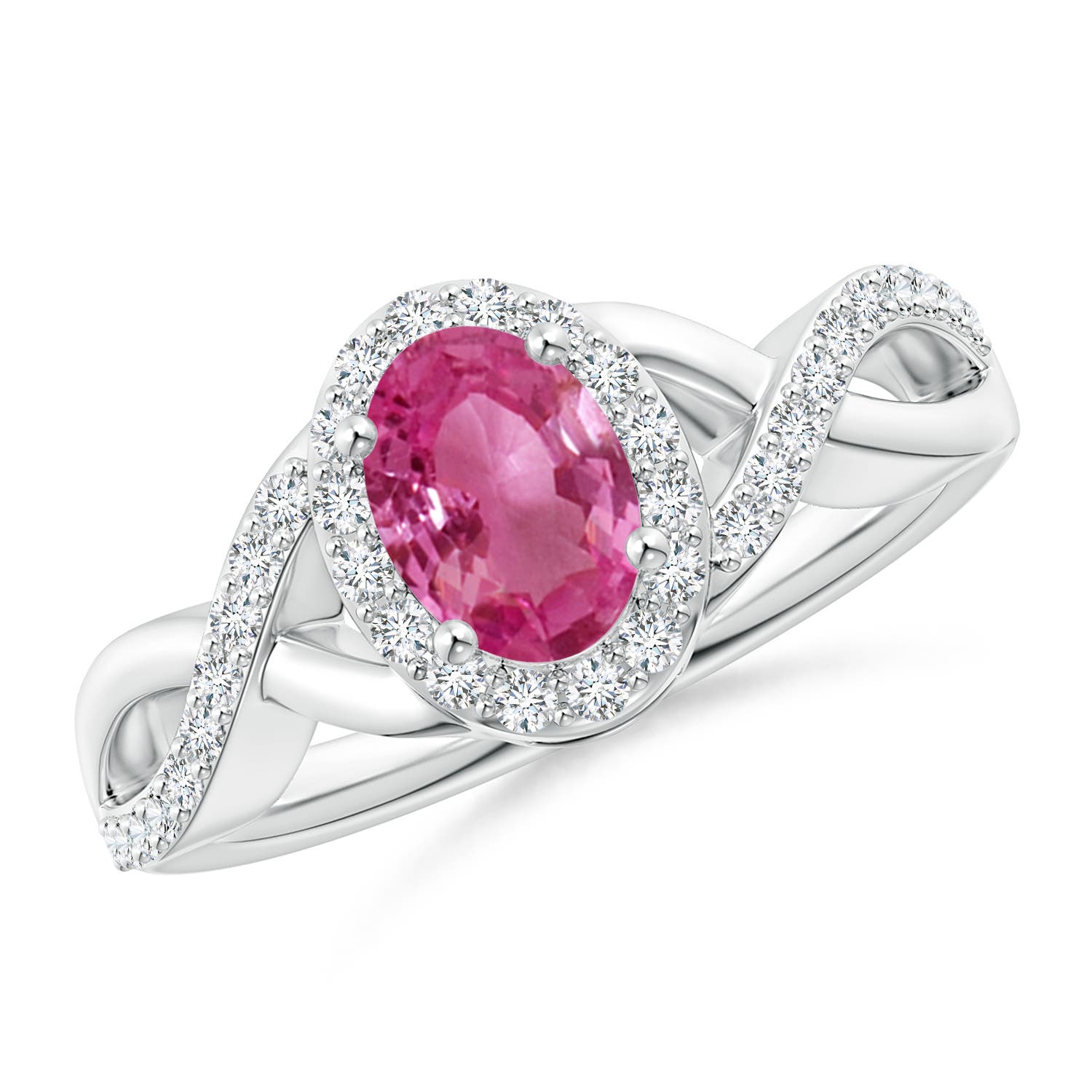 7x5mm AAAA Oval Pink Sapphire Crossover Ring with Diamond Halo in P950 Platinum