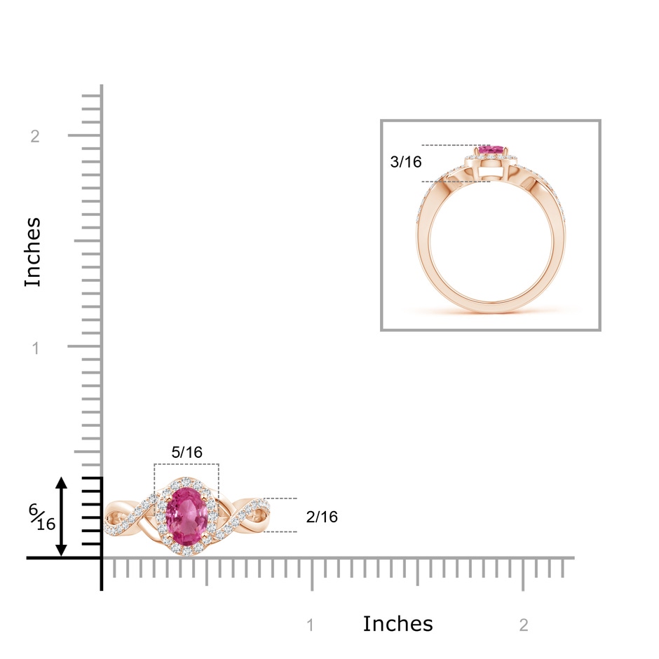 7x5mm AAAA Oval Pink Sapphire Crossover Ring with Diamond Halo in Rose Gold ruler