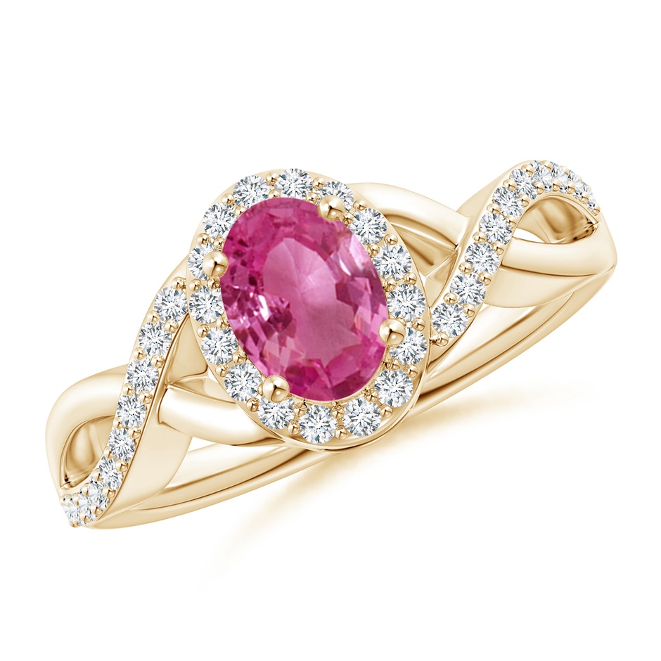 7x5mm AAAA Oval Pink Sapphire Crossover Ring with Diamond Halo in Yellow Gold 