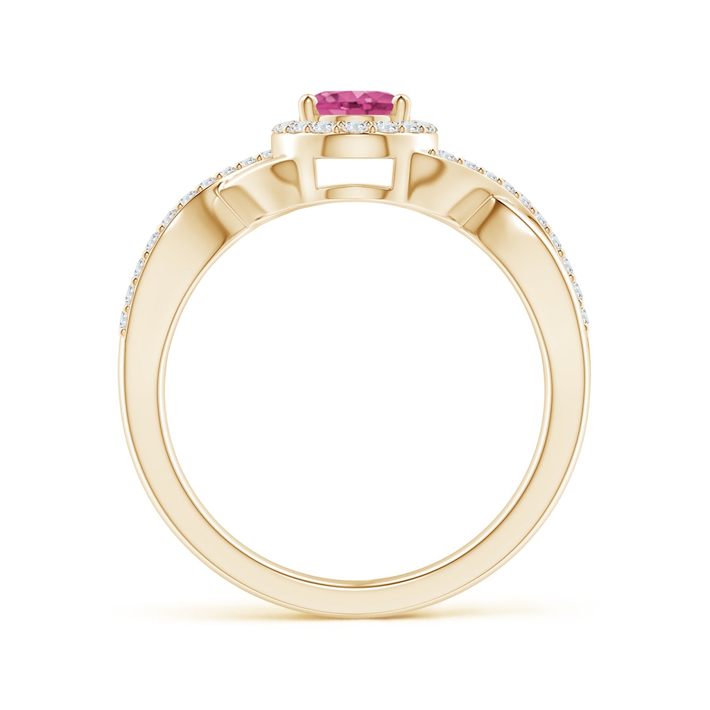 7x5mm AAAA Oval Pink Sapphire Crossover Ring with Diamond Halo in Yellow Gold Side-1