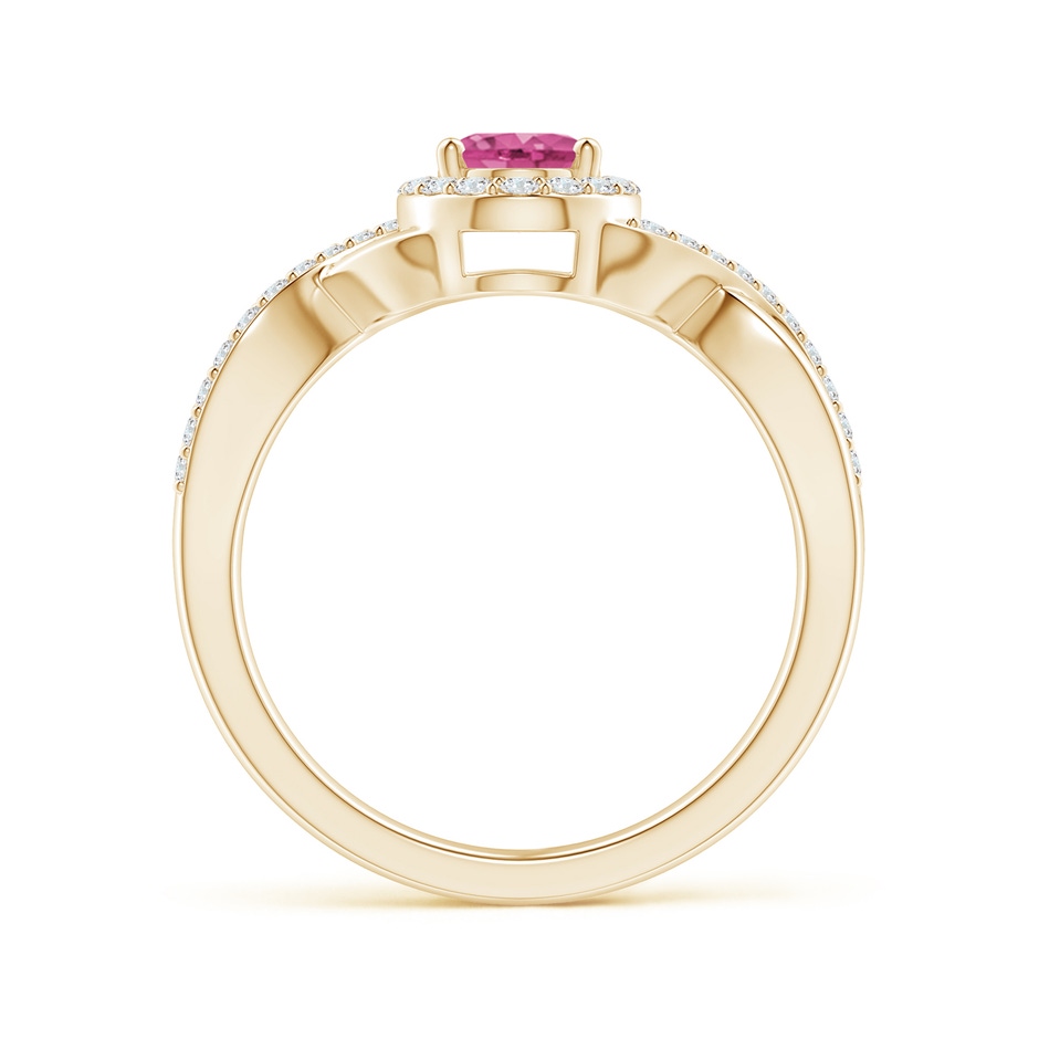 7x5mm AAAA Oval Pink Sapphire Crossover Ring with Diamond Halo in Yellow Gold side-1