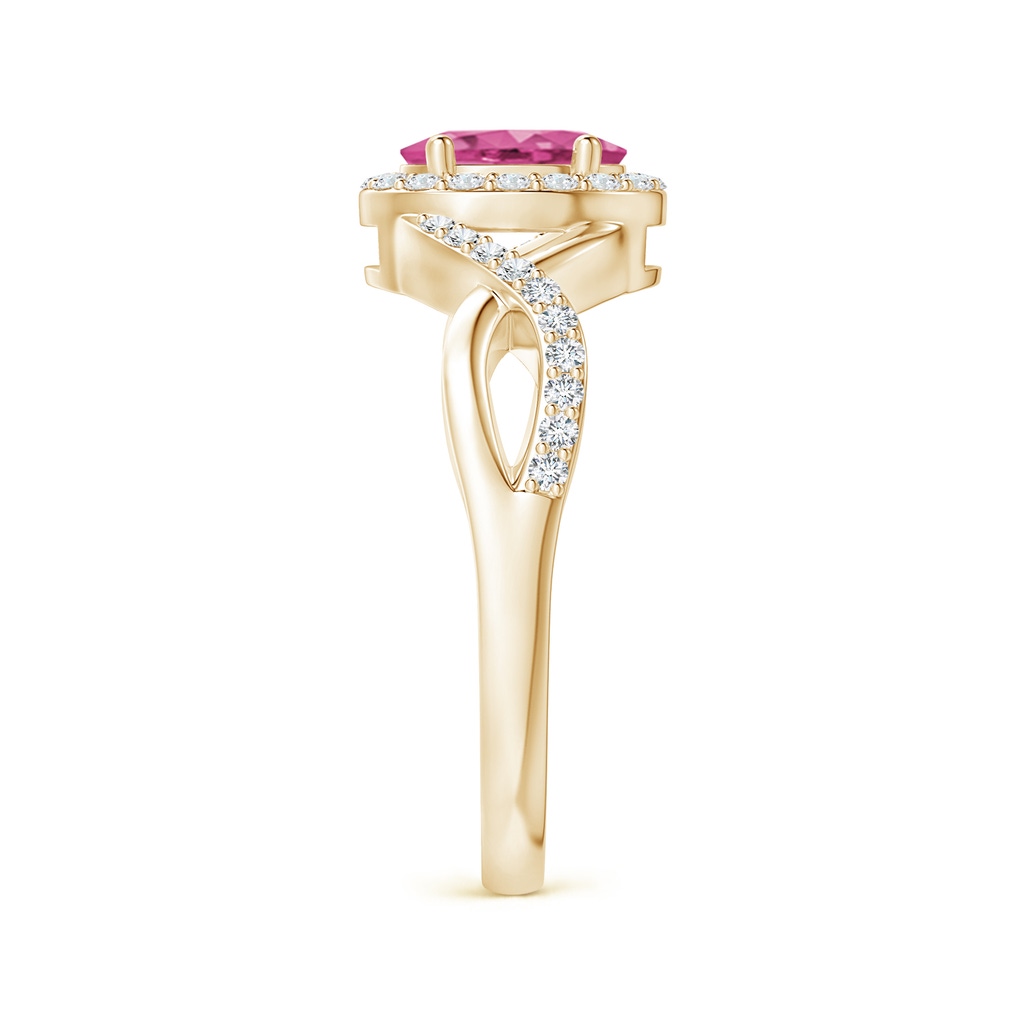 7x5mm AAAA Oval Pink Sapphire Crossover Ring with Diamond Halo in Yellow Gold Side-2