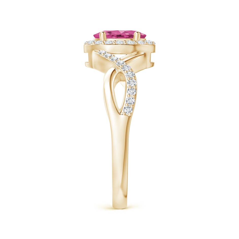 7x5mm AAAA Oval Pink Sapphire Crossover Ring with Diamond Halo in Yellow Gold side-2