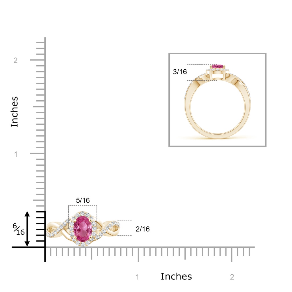 7x5mm AAAA Oval Pink Sapphire Crossover Ring with Diamond Halo in Yellow Gold Ruler