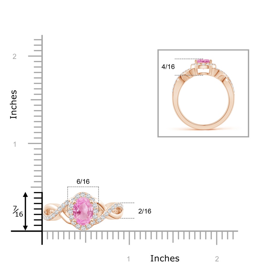 8x6mm A Oval Pink Sapphire Crossover Ring with Diamond Halo in Rose Gold ruler