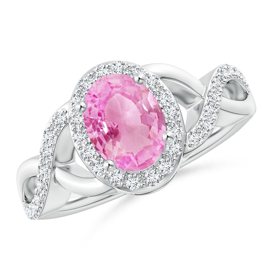 8x6mm A Oval Pink Sapphire Crossover Ring with Diamond Halo in White Gold 