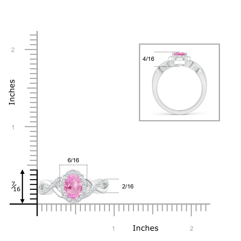 8x6mm A Oval Pink Sapphire Crossover Ring with Diamond Halo in White Gold ruler