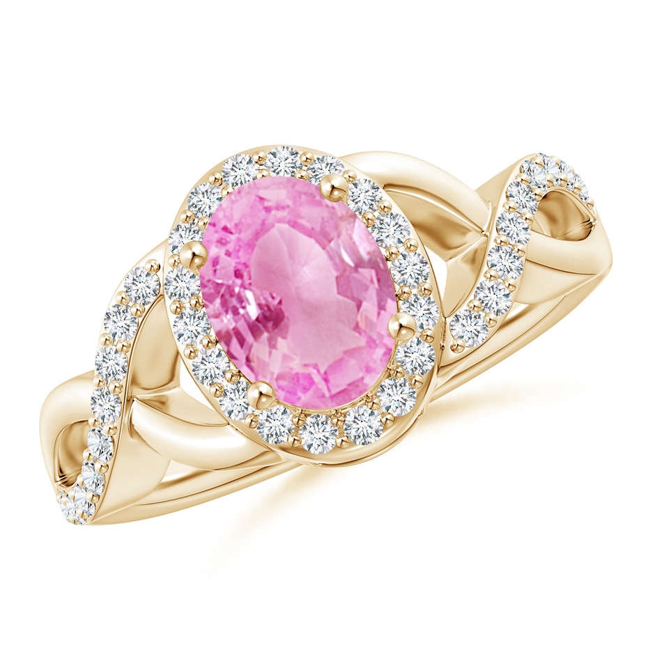 8x6mm A Oval Pink Sapphire Crossover Ring with Diamond Halo in Yellow Gold 