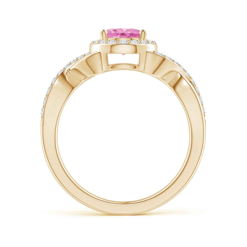 8x6mm A Oval Pink Sapphire Crossover Ring with Diamond Halo in Yellow Gold side-1