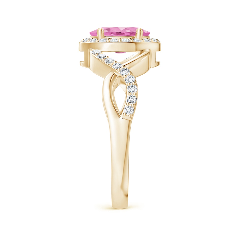 8x6mm A Oval Pink Sapphire Crossover Ring with Diamond Halo in Yellow Gold side-2