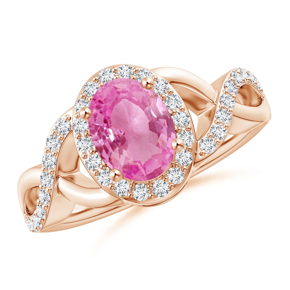 8x6mm AA Oval Pink Sapphire Crossover Ring with Diamond Halo in Rose Gold 