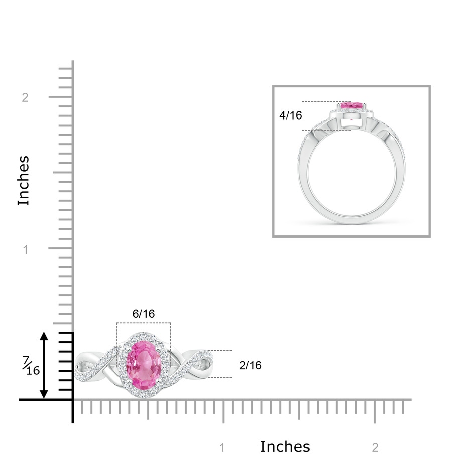 8x6mm AA Oval Pink Sapphire Crossover Ring with Diamond Halo in White Gold ruler