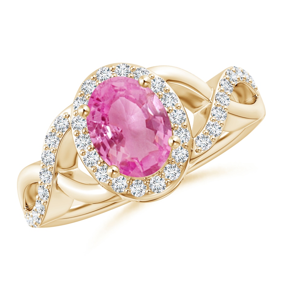 8x6mm AA Oval Pink Sapphire Crossover Ring with Diamond Halo in Yellow Gold 