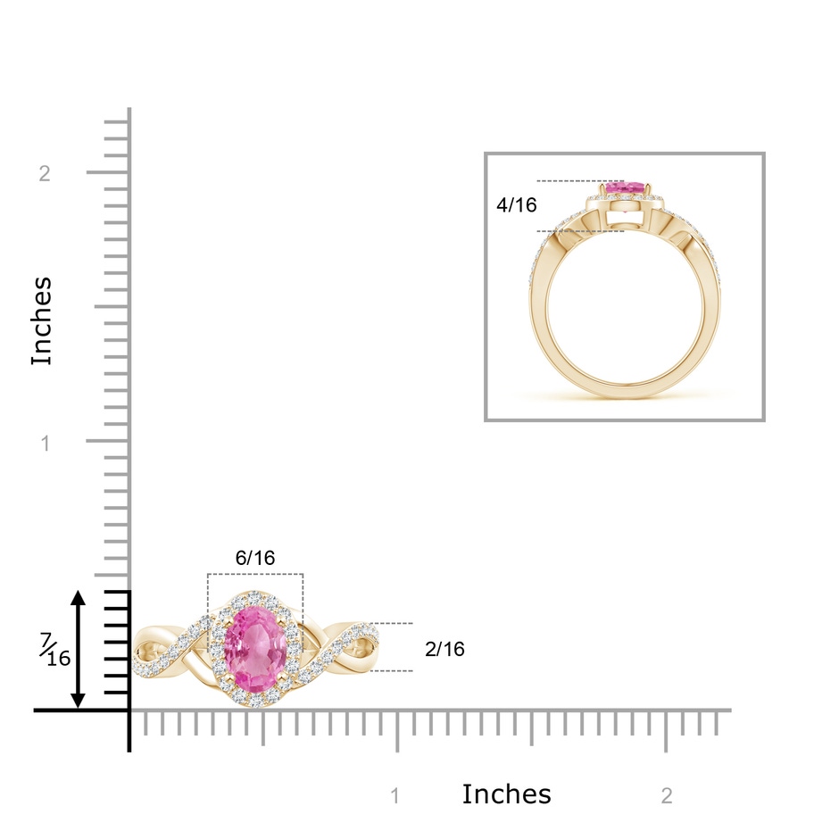 8x6mm AA Oval Pink Sapphire Crossover Ring with Diamond Halo in Yellow Gold ruler