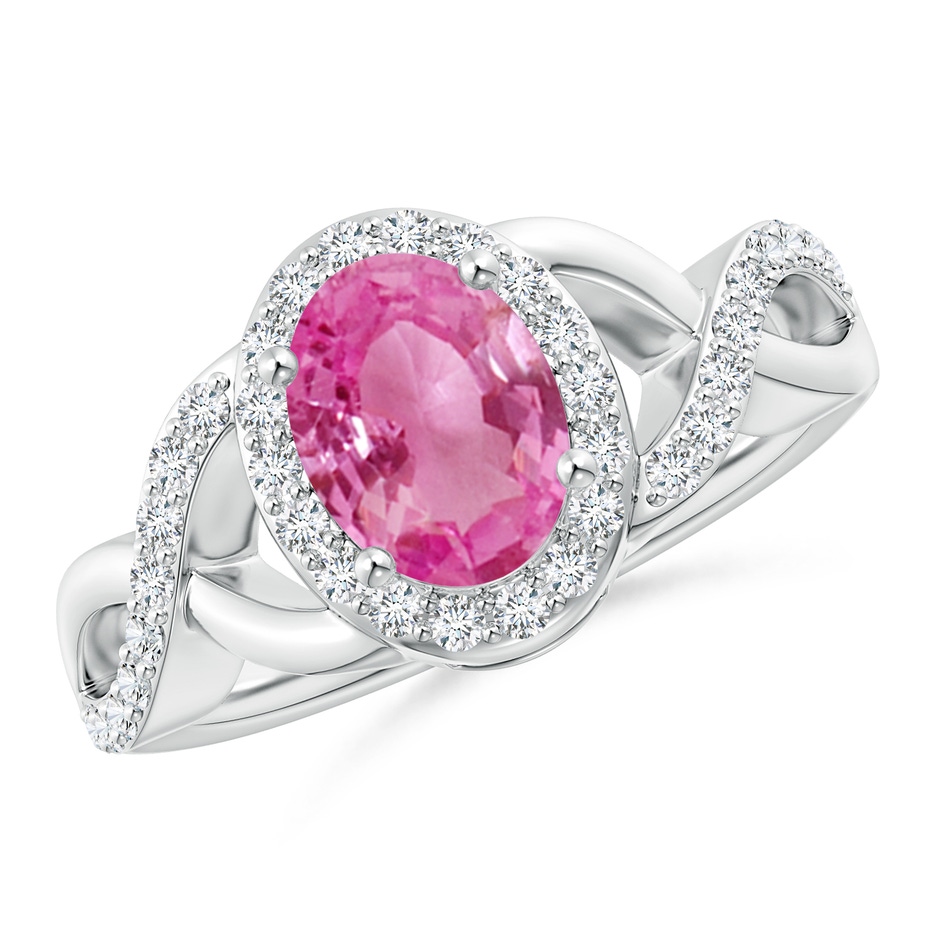 8x6mm AAA Oval Pink Sapphire Crossover Ring with Diamond Halo in P950 Platinum 