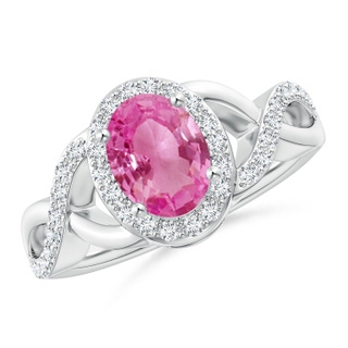 8x6mm AAA Oval Pink Sapphire Crossover Ring with Diamond Halo in White Gold
