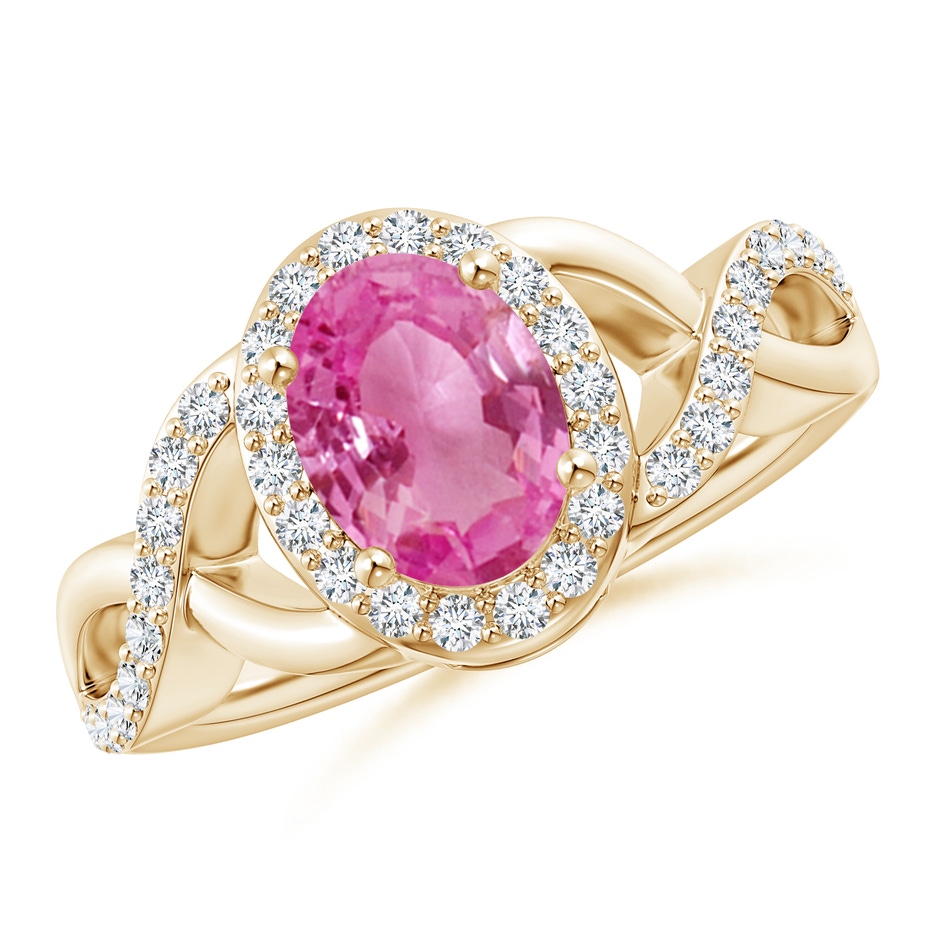 8x6mm AAA Oval Pink Sapphire Crossover Ring with Diamond Halo in Yellow Gold 