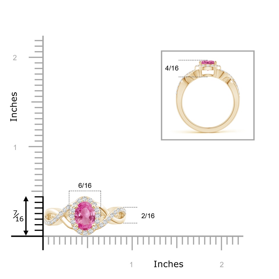 8x6mm AAA Oval Pink Sapphire Crossover Ring with Diamond Halo in Yellow Gold ruler