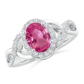 8x6mm AAAA Oval Pink Sapphire Crossover Ring with Diamond Halo in P950 Platinum