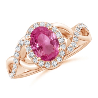 8x6mm AAAA Oval Pink Sapphire Crossover Ring with Diamond Halo in Rose Gold